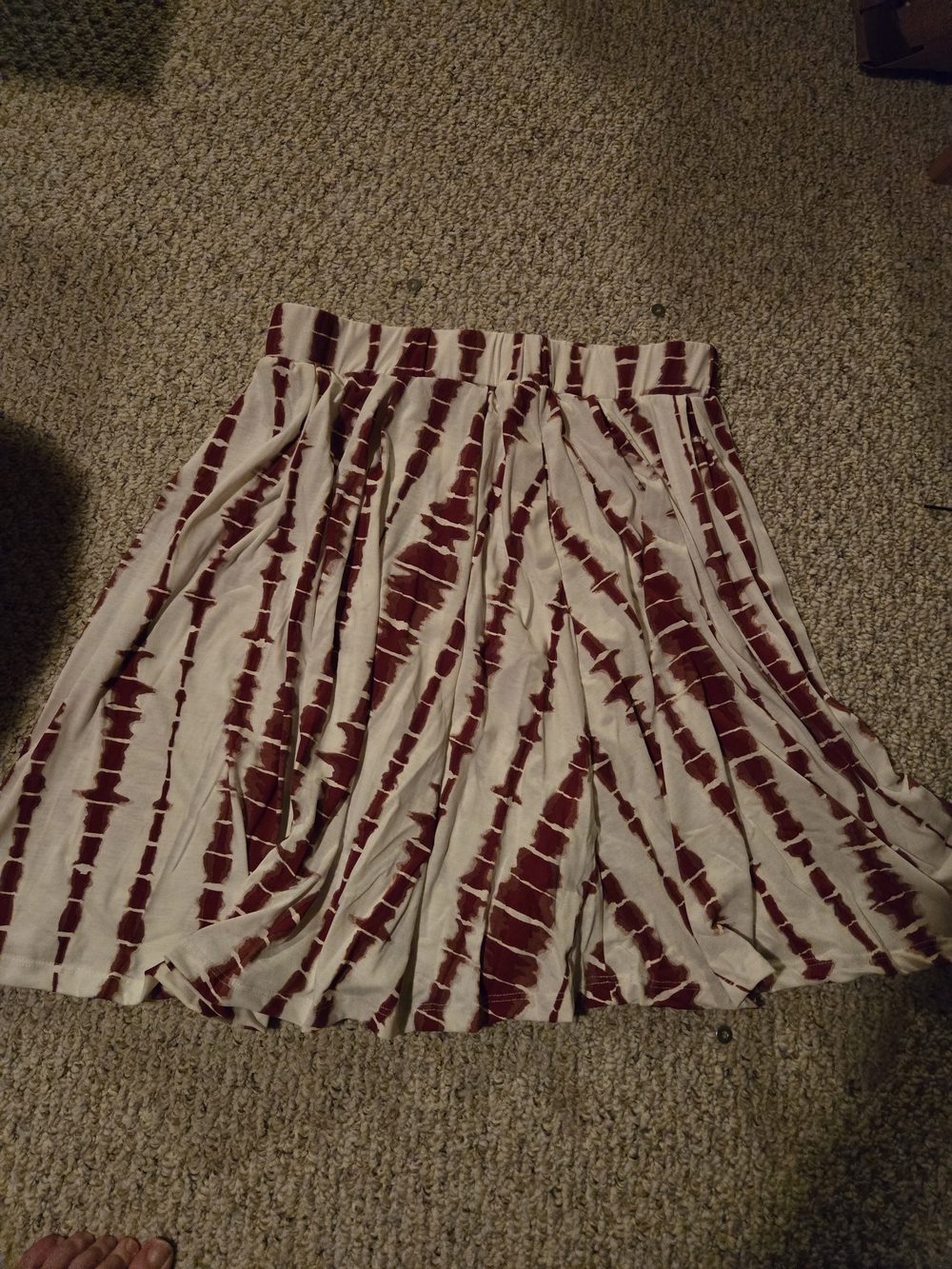 LuLaRoe Cream and Burgundy Striped Tie-Dye Skater Skirt